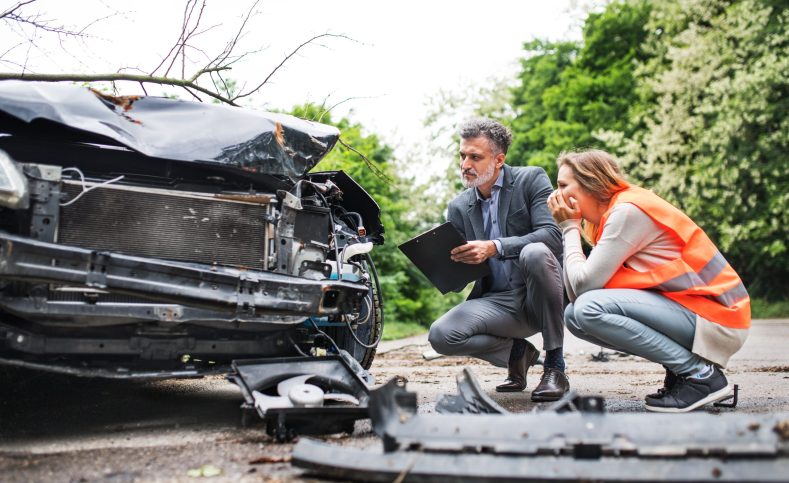 An insurance agent and a woman driver looking at the car on the road after an accident. Copy space.